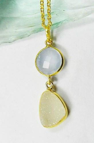 Blue Chalcedony & White Druzy Gold Plated Silver Pendat 4