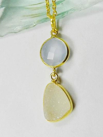 Blue Chalcedony & White Druzy Gold Plated Silver Pendat 5