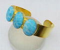 Chinese Larimar 3 Stone Gold Plated Brass Cuff Bracelet