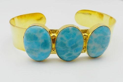 Chinese Larimar 3 Stone Gold Plated Brass Cuff Bracelet 2