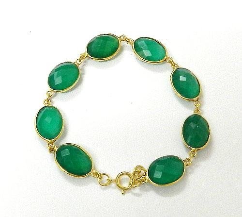 Green Onyx Oval Bezel Setted Gold plated Silver Bracelet