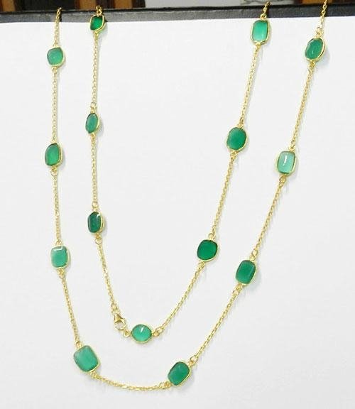 Green onyx Fancy Uneven Bezel Setting Gold plated Brass Long chain Necklace 3