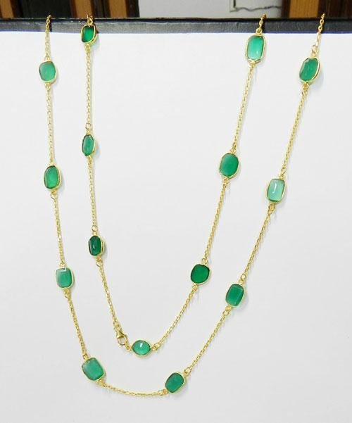 Green onyx Fancy Uneven Bezel Setting Gold plated Brass Long chain Necklace 5