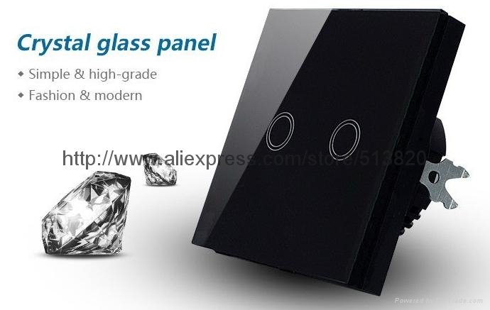 EU UK style Crystal tempered glass panel 2 gang touch light switch with wireless 2