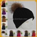 Knit hat with genuine raccoon fur pom pom 1