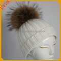 Knit hat with genuine raccoon fur pom pom 2