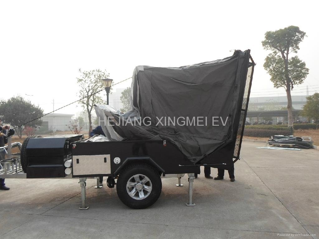 Off road backward folding camping trailer with electrical braking and galvanized