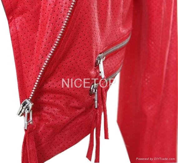 2014 Spring red thin faux Suede Body piercing short biker jacket 3