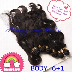 Brazilian Virgin Hair products Body wave 6 pcs 14"14"16"16"18"18" + Top clousure