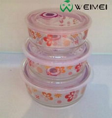 3 PCS Glass Bowl Set Decal flower with Date Marked Airtight Lids