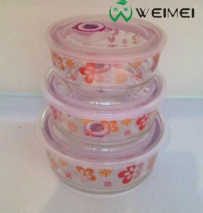 3 PCS Glass Bowl Set Decal flower with Date Marked Airtight Lids