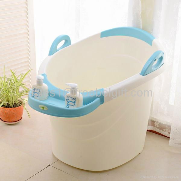 baby bath barrel with handle and shampoo bottle