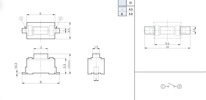 TACT SWITCH Demension:6*3.5*H (4.3mm or 5.0mm) SMT 2