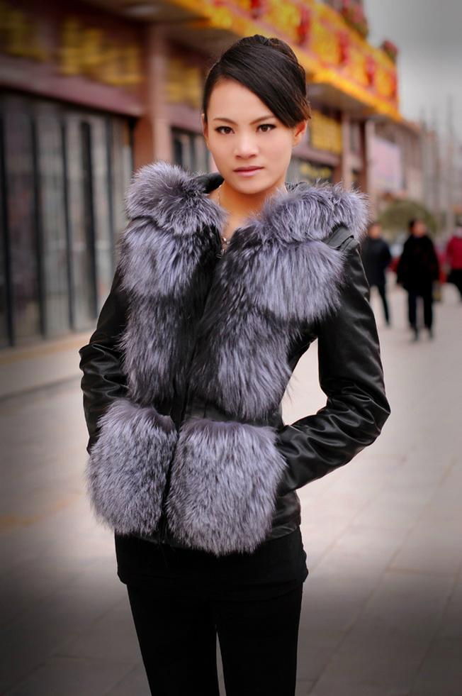 silver fox fur sleeveless regular female women winter vest with a hoodie