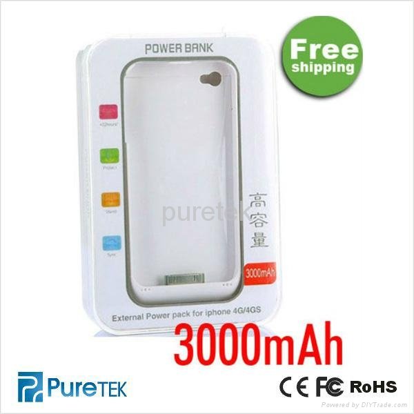 External 3000mAh Rechargeable Power Backup Battery Charger Case for iPhone 4 4S 4