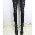 Shiny Rivet Leggings Faux Leather Splicing Print Tights Leggings  1