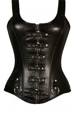 Punk Buckled Detail Straps Full Zipper Black Leather Corset