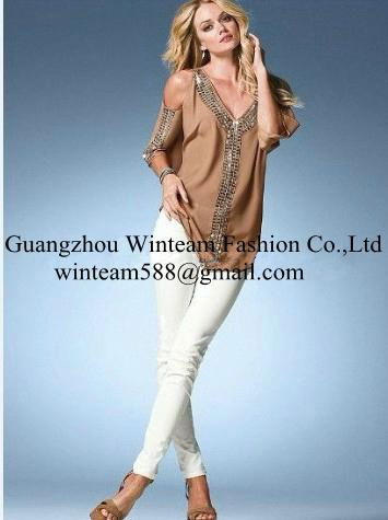 2014 Lady's chiffon top with bead off shoulder summer pullover blouse