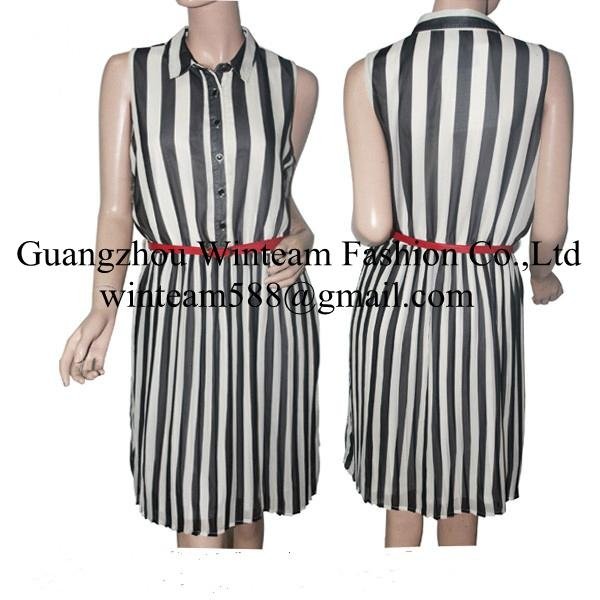 Lady Garment Sleeveless Vertical Casual Office Belted Stripes Dress WT130114