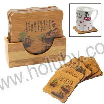 Chinese Scenery Painting Natural Bamboo 6 Pieces Coaster Set Cup Mat with Holder