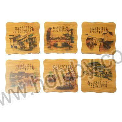 Chinese Scenery Painting Natural Bamboo 6 Pieces Coaster Set Cup Mat with Holder 2