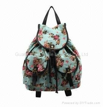 Printed Backpack for America Areas, Classic Floral Pattern Canvas with PU Leathe