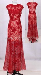  Red Embroidered Long Cap Sleeve See Through Evening Dresses  