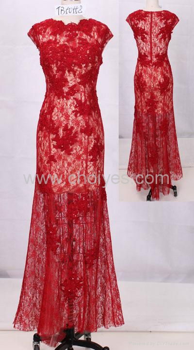  Red Embroidered Long Cap Sleeve See Through Evening Dresses  