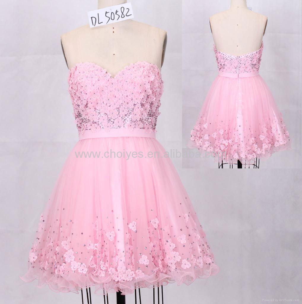  Pink Flower Sweetheart Short Tulle Hot-Fix Graduation Dress 3