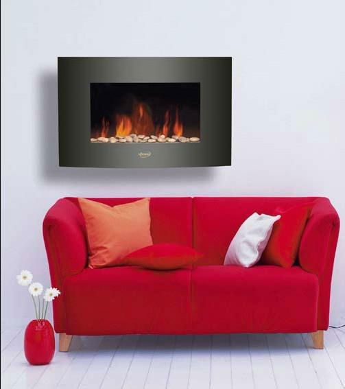 35"Black Curved Tempered Glass Wall Mounted Electric Fireplace Heater(Pebbles Fu