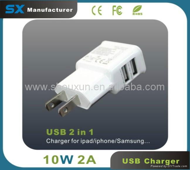 2 in 1 USB Charger Portable Mobile Power Charger 10W 2A US Plug