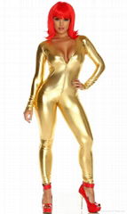 Wet-look Yellow Front Zipper Catsuit