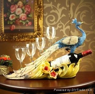 Resin Peacock Peafowl Crafts Red Wine Bottle Holder Shelf with Wine Glass for Ho