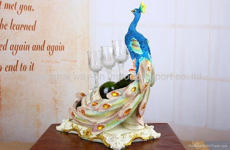 Resin Peacock Peafowl Crafts Red Wine Bottle Holder Shelf with Wine Glass for Ho 2