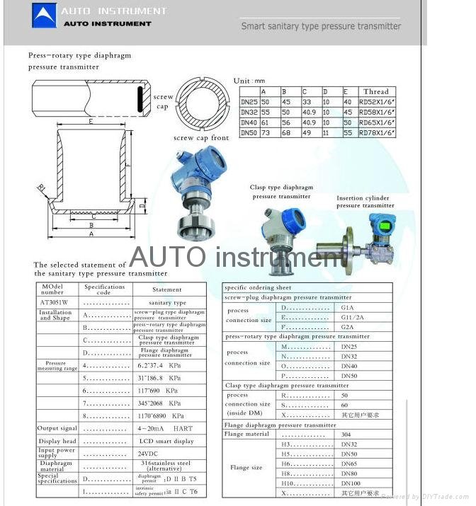 smart sanitary type pressure transmitter with the food industry with ISO9001:200 4
