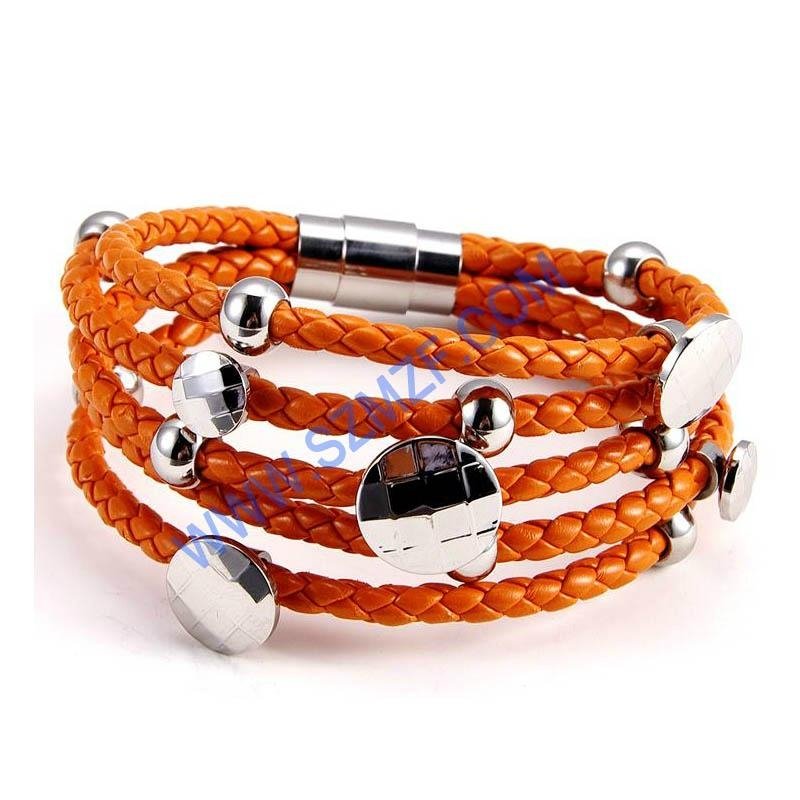 2014 Costume jewelry stainless steel leather wrap bracelet with charm