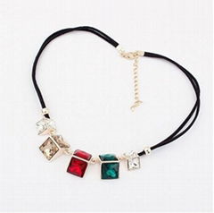 Fashion black leather colorful crystal bib necklace 