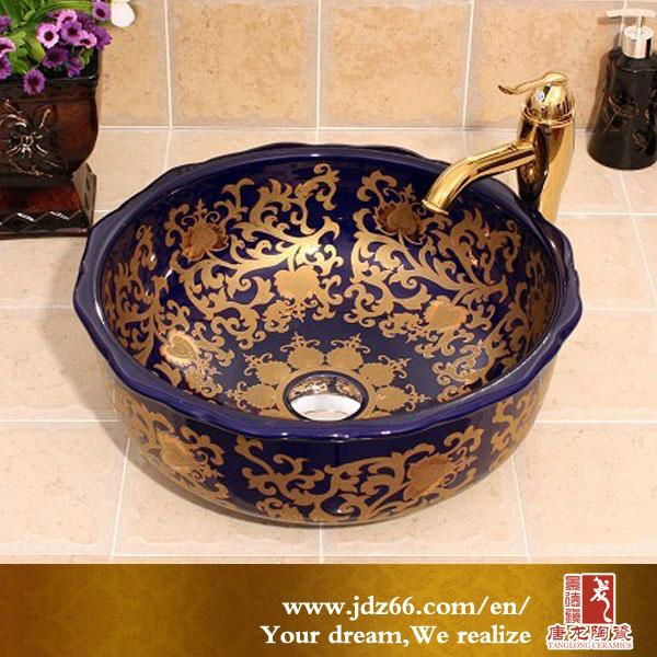 Jingdezhen high quality famille rose ceramic basin with bathroom cabinet