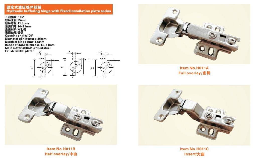Hydraulic buffering hinge with Fixed Installation plate