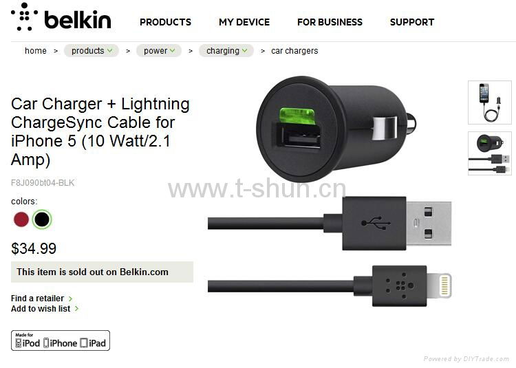 TSB1-02A Belkin Car Charger + Lightning ChargerSync Cable for iphone 5 ( 10 Watt 2