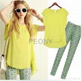 2014 summer round neck T-shirt Slim flounced chiffon print pencil pants suit 1