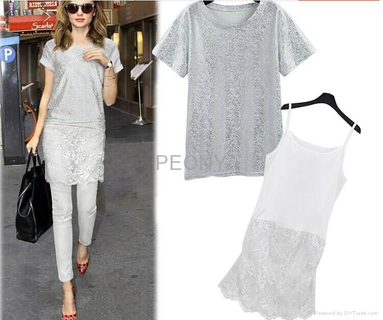 2014 hot silver sleeves T-shirt+sling backing piece lace dress