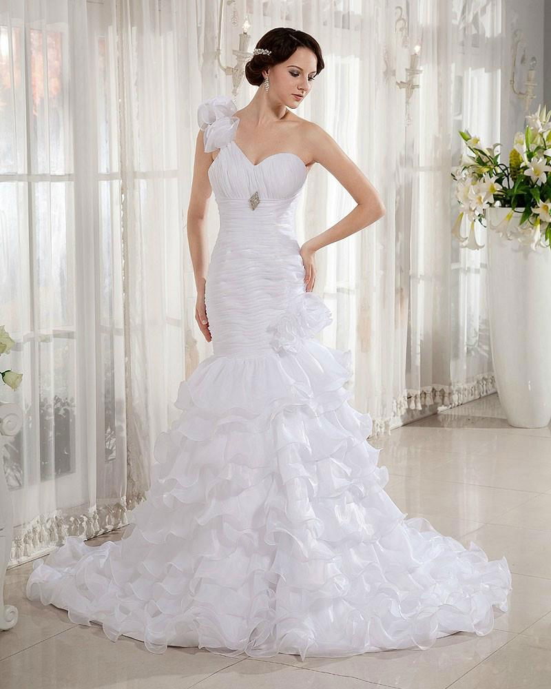 One shoulder mermaid full length wedding gown