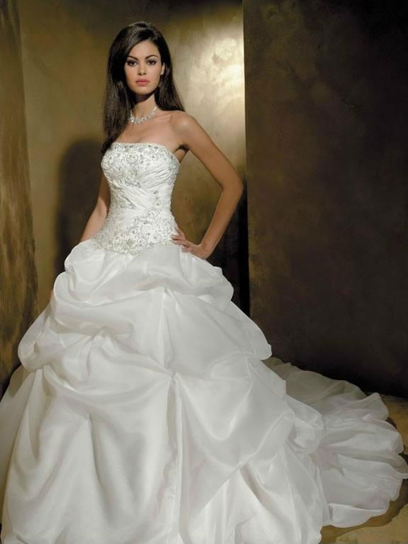 Strapless embroidered bodice picked up skirt chapel wedding dress for tall slim 