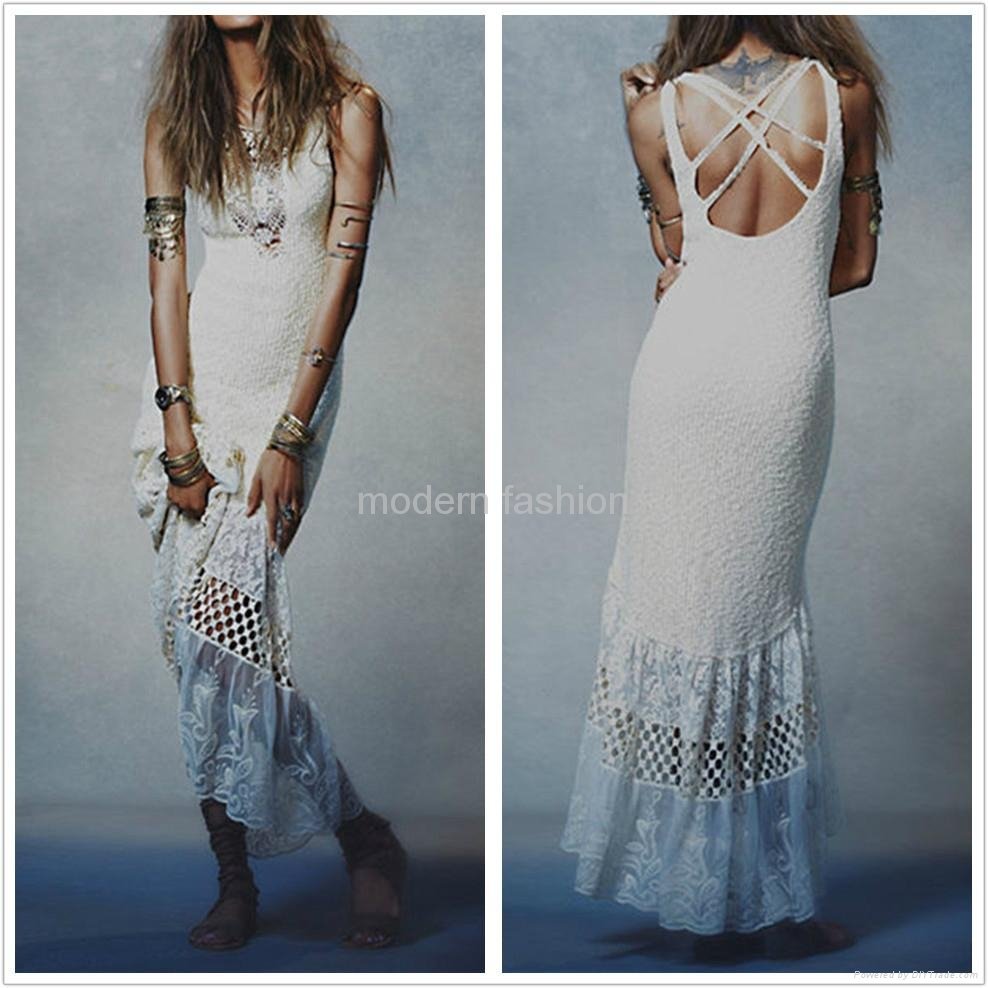 Fashion girls elegant scoop out back party dress maxi dress with lace trims