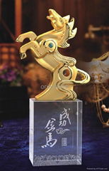 Golden Horse on Clear Crystal Base for Successful Feng Shui 