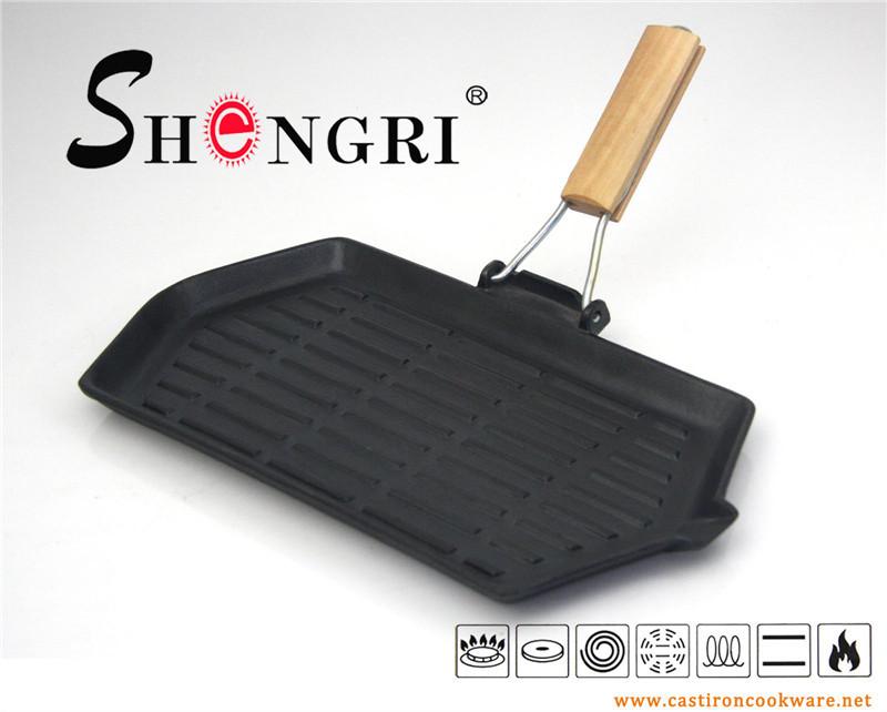 Wooden Folding Handle Cast Iron Square Frying Pans Cookware 3