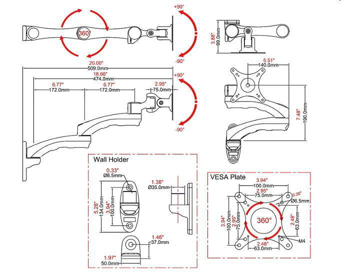 萬向旋轉電腦支架 顯示器電腦壁挂架 WMA-500 5