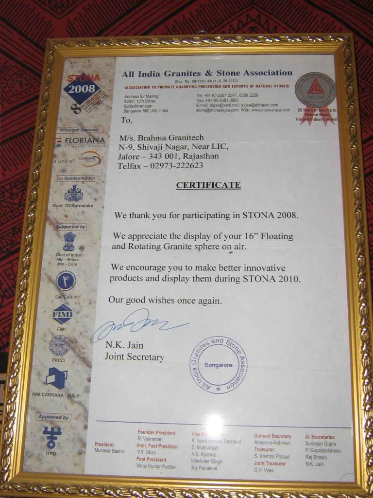 Brahma Granitech Certificate