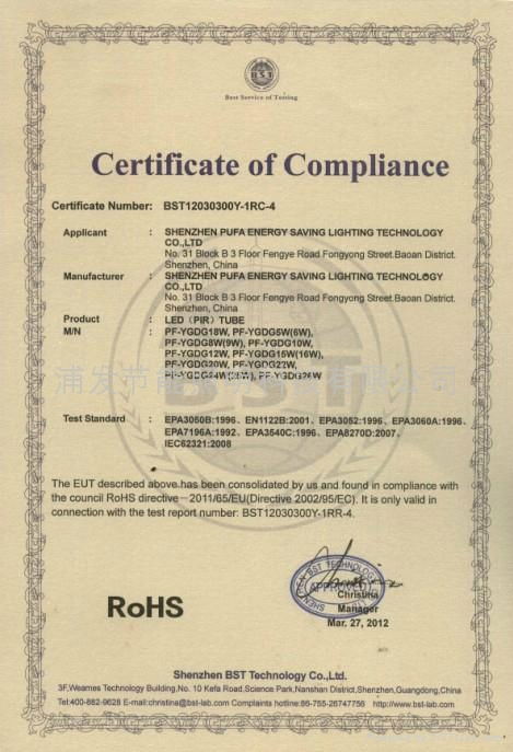 RoHS Certificate LED Tube